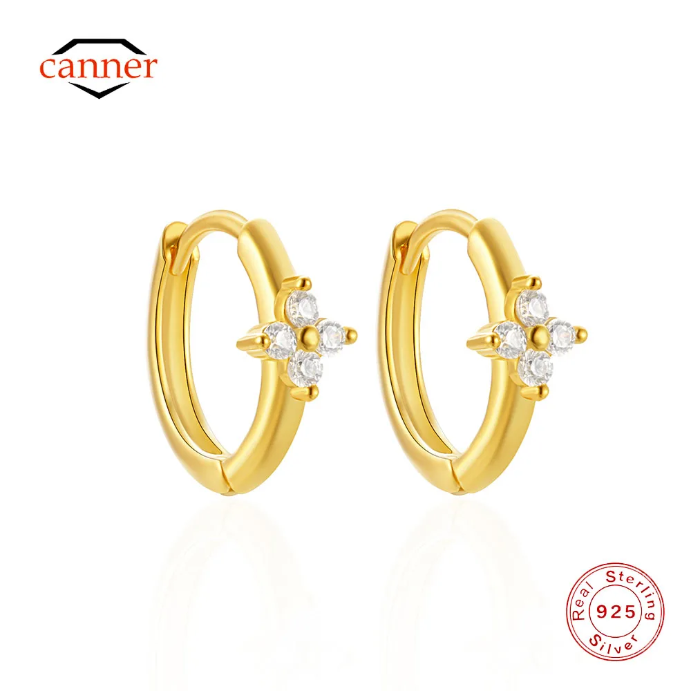 Canner 925 Steling Silver Flower Four Zircons Hoop Earrings For Women 18K Gold Ins Minimalism Earrings Fine Jewelry Party Gifts