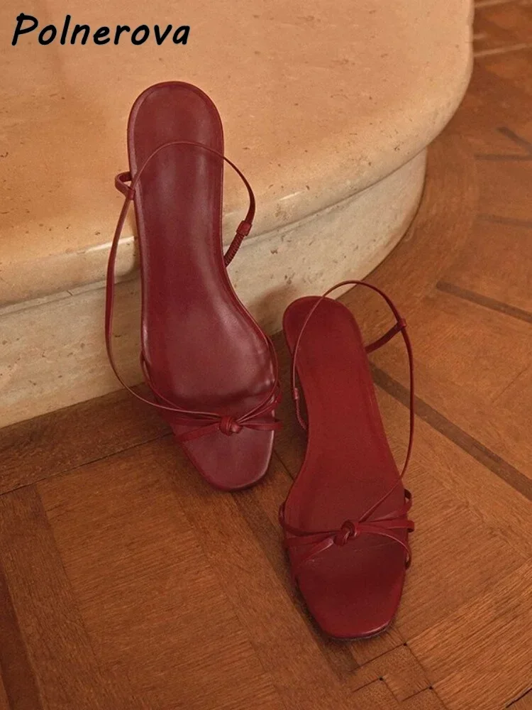 Narrow Band Twist Sandals Kitten Heels Square Toe Leather Straight Strap Summer Back Strap Shoes Summer Fashion All Match Shoes