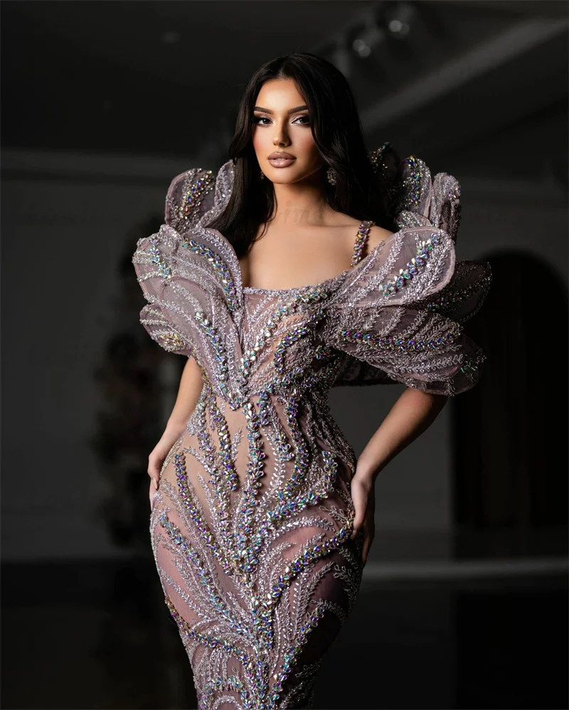 Customized Mermaid Purple Evening Dresses Arabic Dubai Long Prom Dress Crystals 3D Leaf Design Women Party Gowns Celebrity Dress