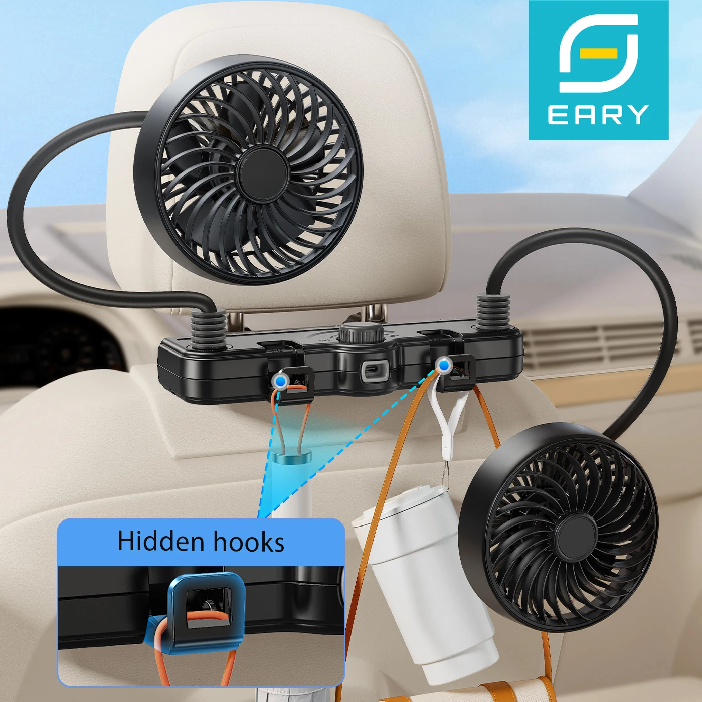 Eary 3000mAh Battery Car Dual Head Fan for Baby Kid 12V/24V Car Air Cooling Fan for Front Rear Back Seat Fan for Sedan Truck SUV