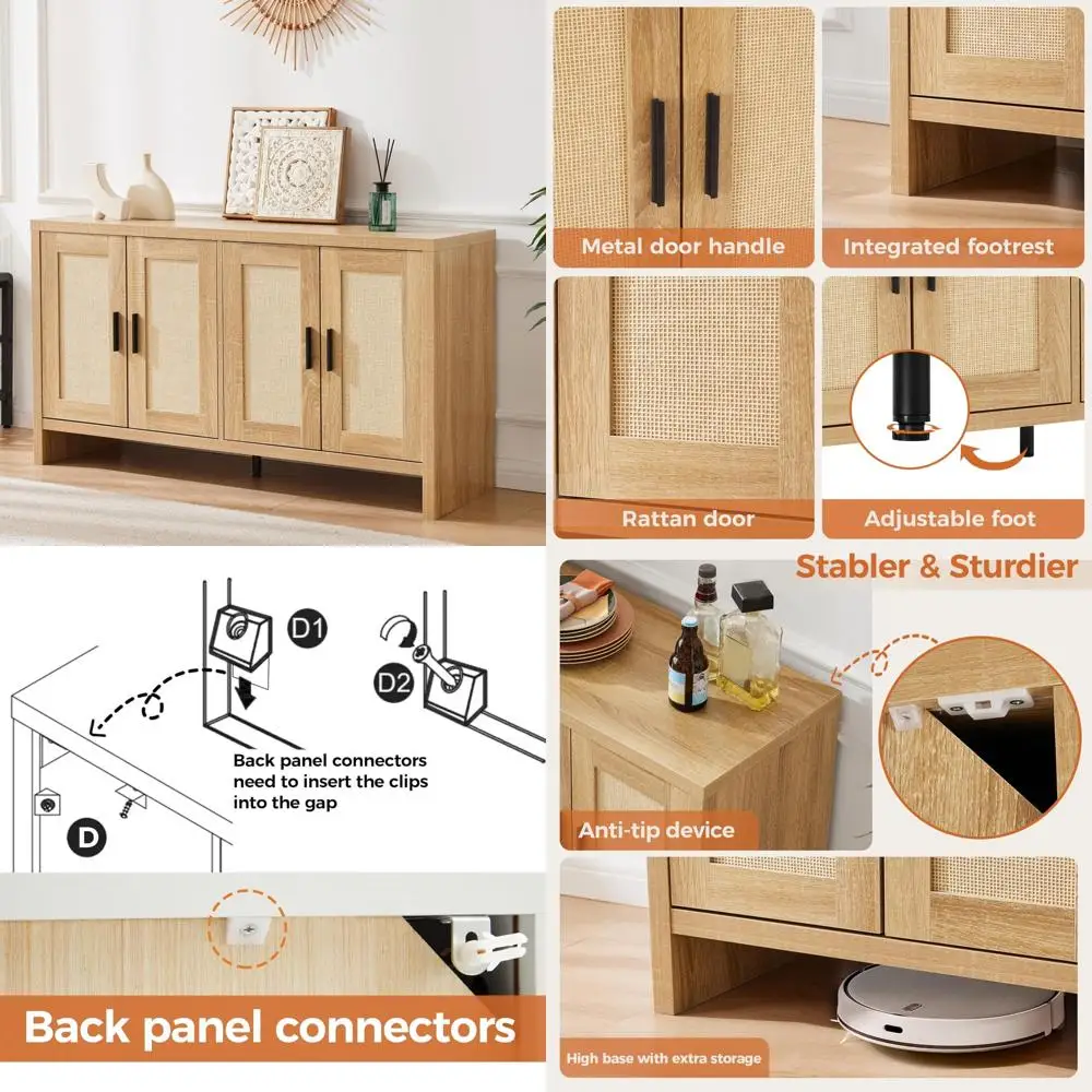 

Farmhouse Style Rattan Buffet with Storage, Doored Sideboard with Adjustable Shelves, Coffee Bar Station Table, Modern Design