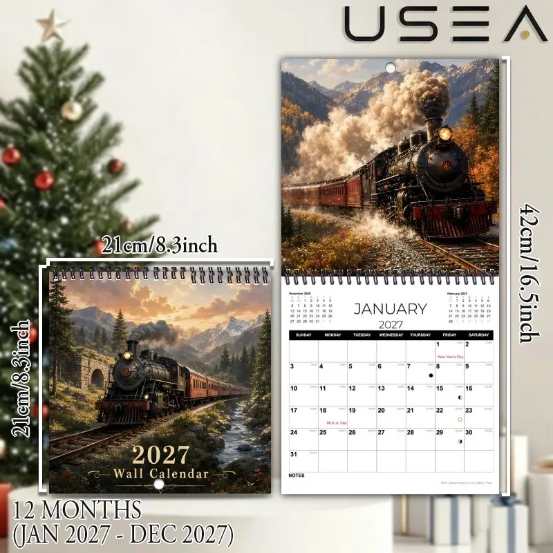 2027 Wall Calendar Vintage Steam Train Calendar,Large Writable Blocks,US Federal Holidays Moon Phases,Aesthetic Wall Decor Gift
