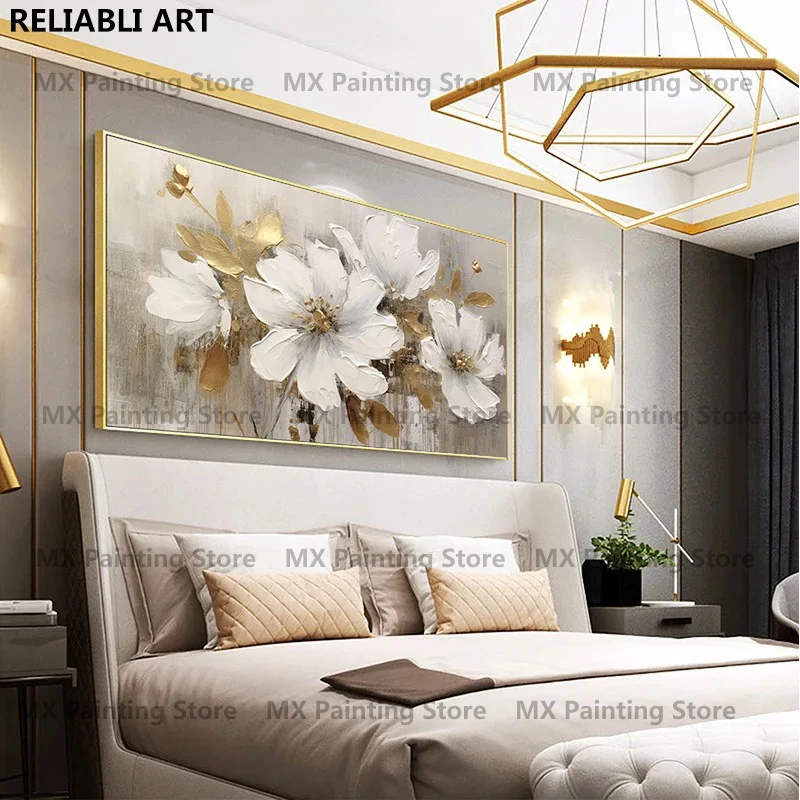 Gold Flower Oil Painting On Poster, Canvas Prints Wall Art, Abstract White Floral Painting, Living Room Decor,Home Decor Unframe