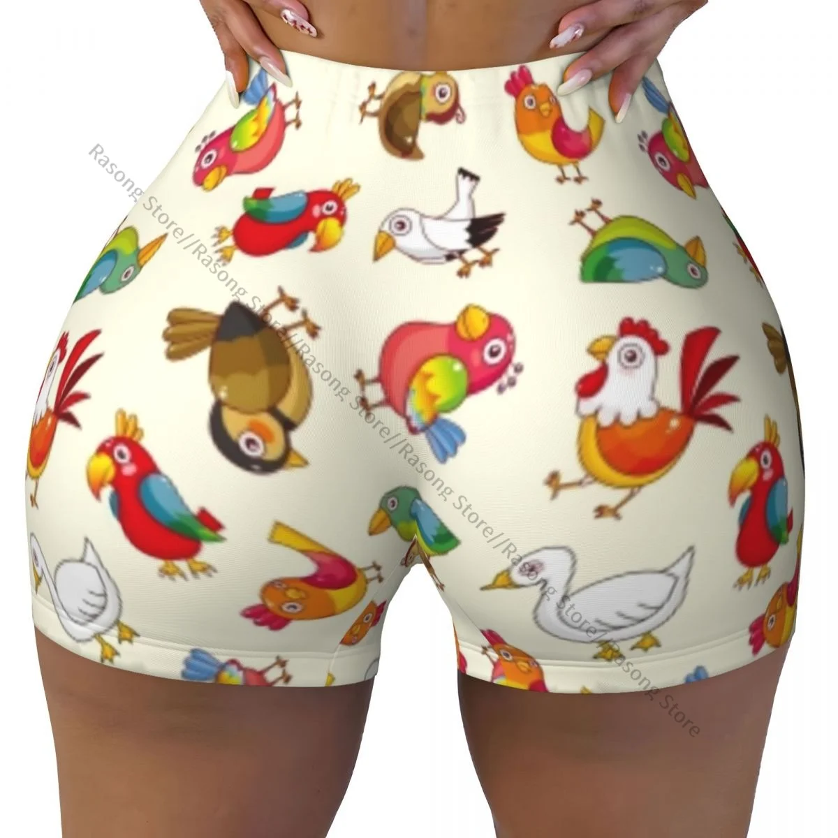 กางเกงขาสั้นกีฬาเอวสูงรัดรูป ลายนกน่ารัก สำหรับออกกำลังกาย โยคะ สวมใส่สบายสำหรับผู้หญิง