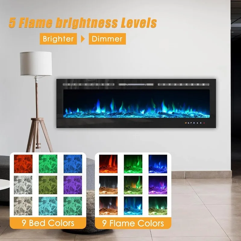 CharaVector Chimenea eléctrica empotrable montada en la pared inserto calentador de 70 pulgadas de ancho LED chimenea Control remoto y táctil