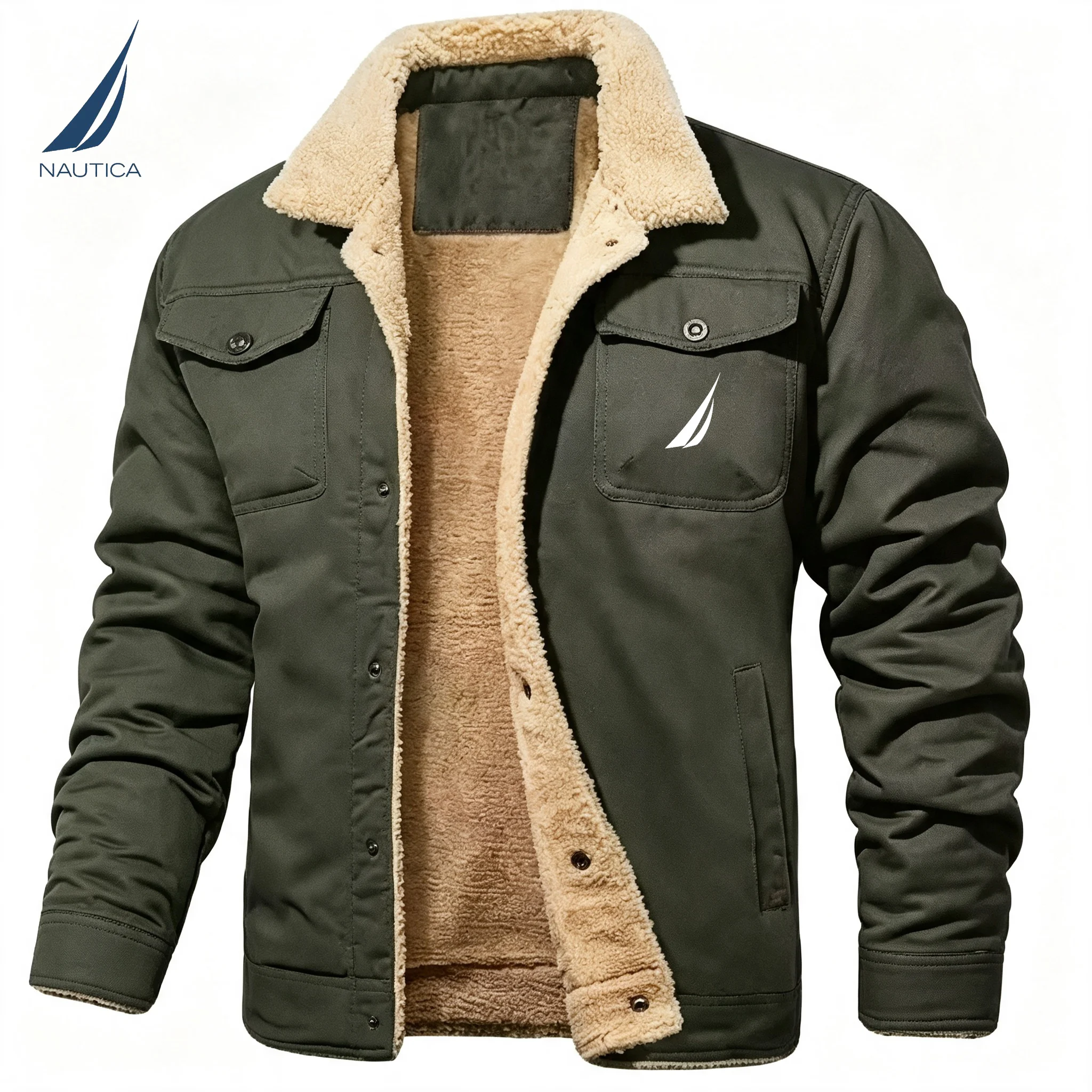 NAUTICA Men's Polo Collar Trucker Jacket, Winter Warm Coat, Windproof Multifunctional Work Jacket, Fashionable Men's Outerwear