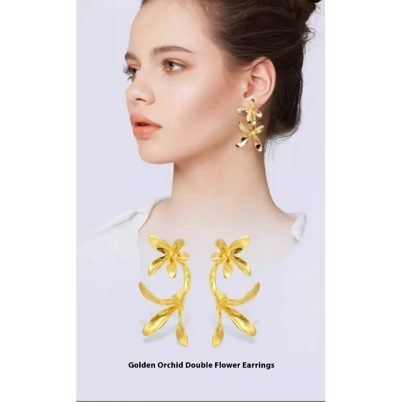 

Hot-selling new exquisite three-dimensional orchid two-color stud earrings light luxury and unique fashion earrings woman