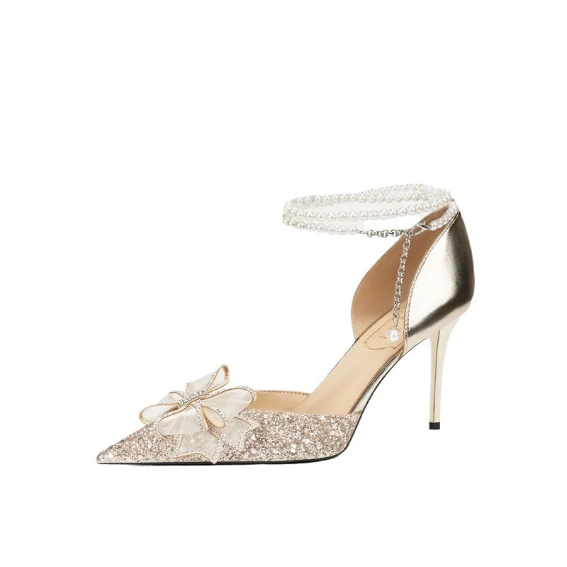 

B66 Босоножки на шпильке с острым носком и блестками-бабочками, свадебные туфли до щиколотки с жемчужной цепочкой, темпераментные сандалии на высоком каблуке для банкетов, Sandalias De Mujer