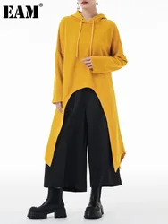 EAM Yellow Irregular Midi Sweatshirt New Hooded Drawstring Long Sleeve Women Big Size Fashion Tide Spring Autumn 2023 1DH3876