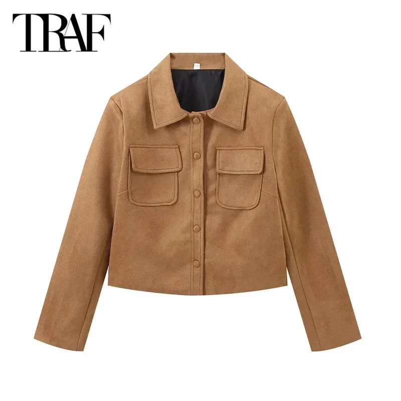 TRAF Autumn Winter Women\'s Cropped Jacket 2024 Demi-Season Bomber Jacket Female Short Leather Long Sleeve Coat New In Outerwears