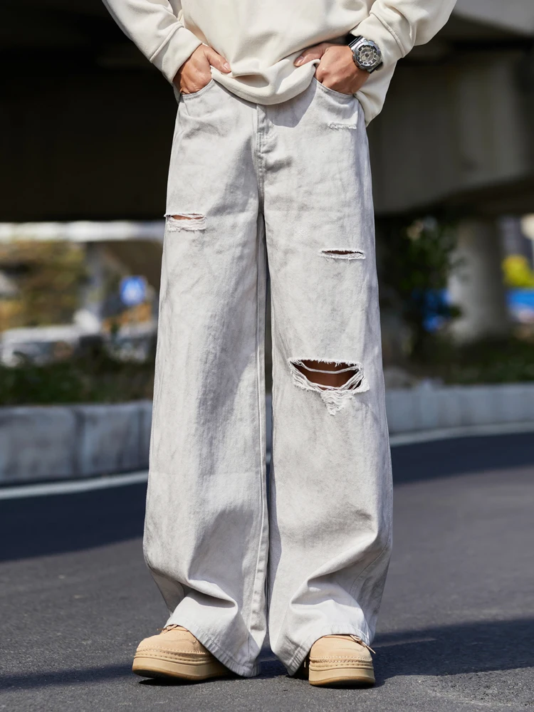 Celana Jeans Pria Model Retro Amerika, Potongan Lurus Longgar, Musim Panas & Semi, Trendi, Gaya High Street, Tie Dye, Distressed, Kasual, Kaki Lebar