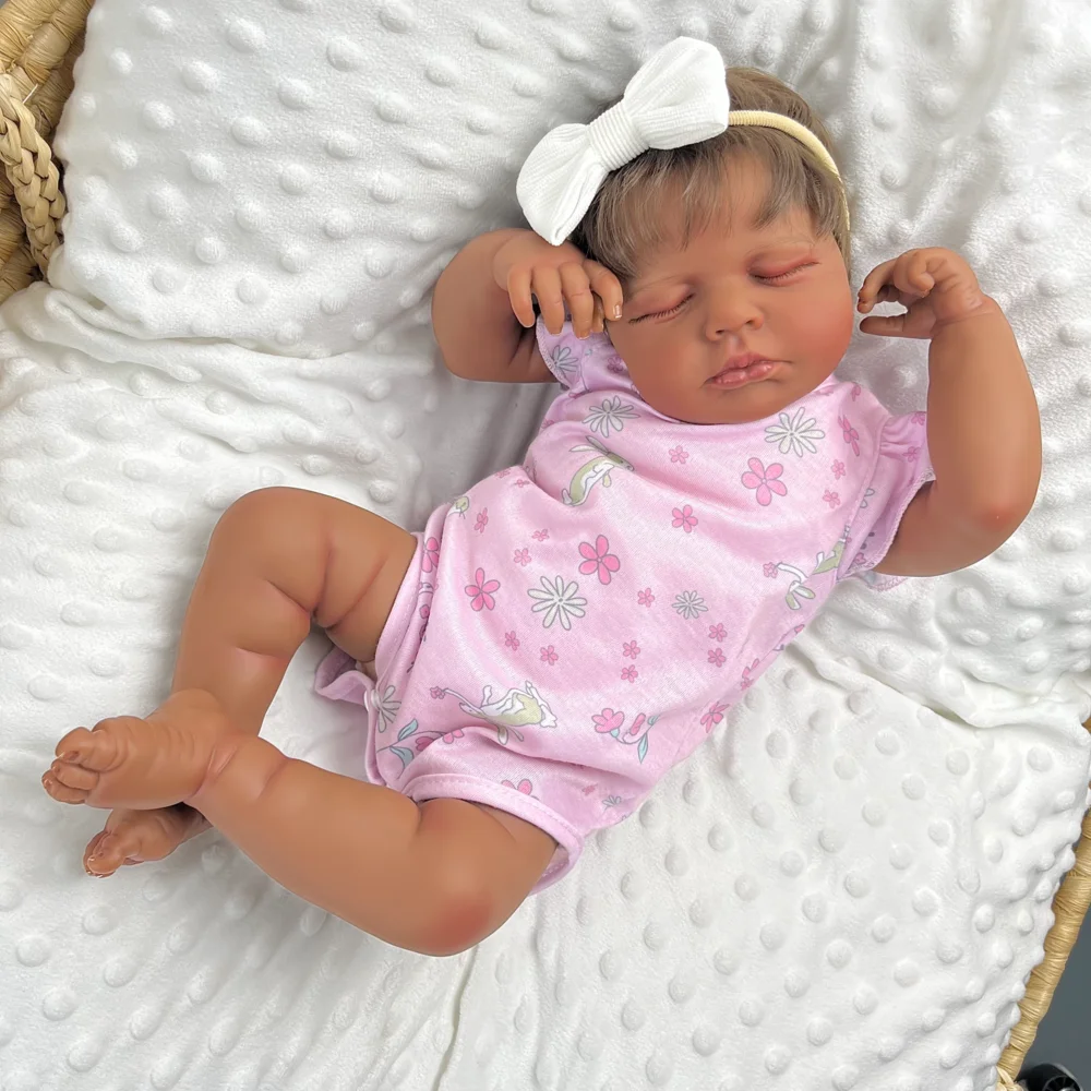 BZDOLL 19In Asleep Reborn Baby Doll 48 CM Black Brown Skin Handmade Vinyl Limbs Cloth Body Ideal Play House Toy Birthday Present