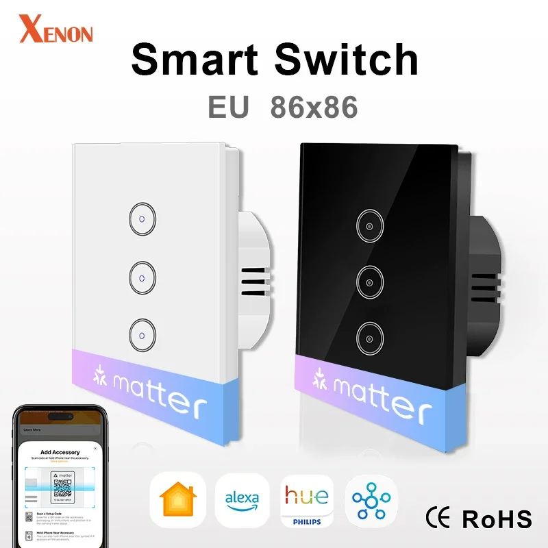 

Matter European Standard Smart Switch 86 Glass Touch Panel WiFi Remote Control Mobile APP Voice Control Home Smart Wall Switch
