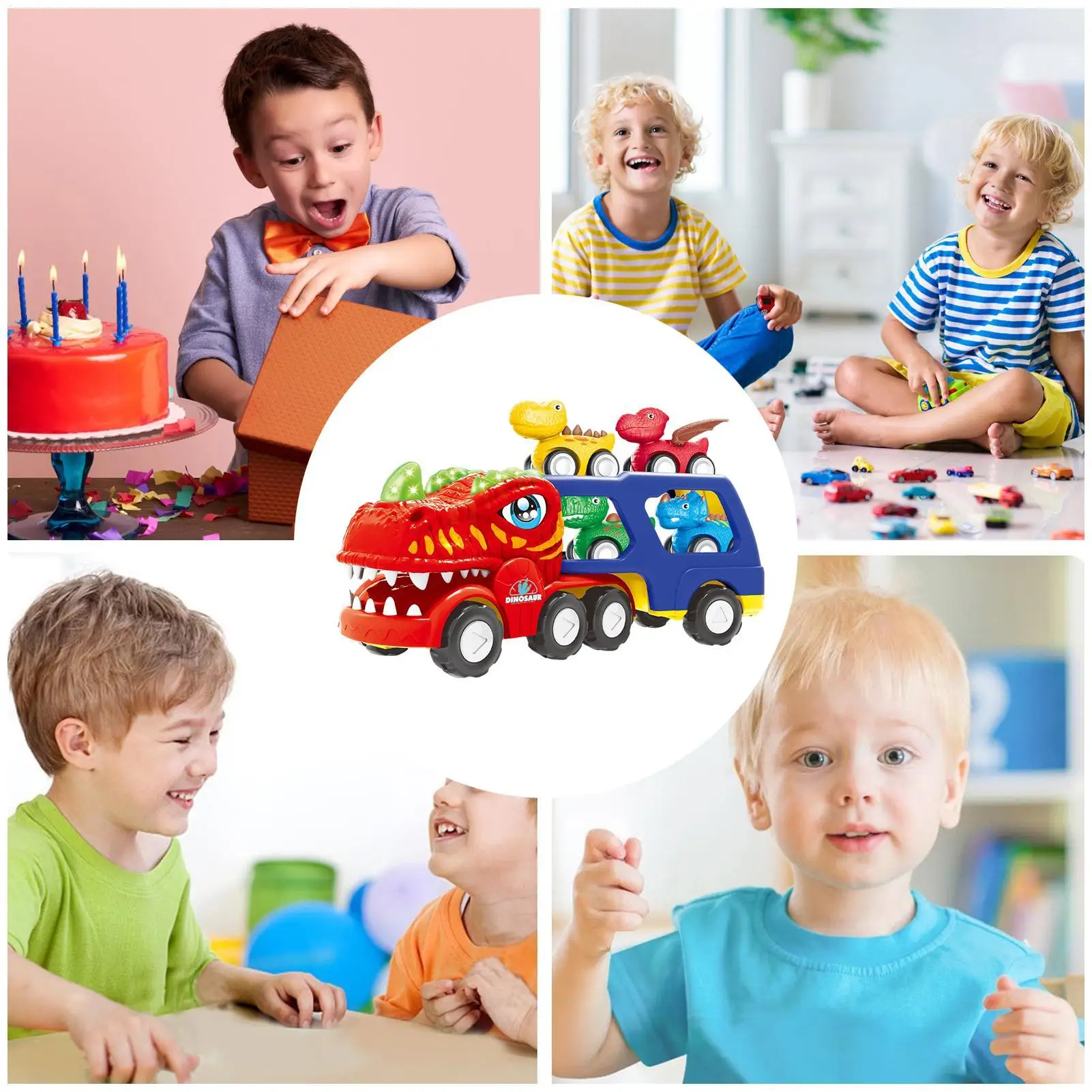 恐竜輸送トラック ライトアップ 電動キッズトラックおもちゃ 4台のプルバックカー付き 誕生日パーティー 恐竜輸送キャリア