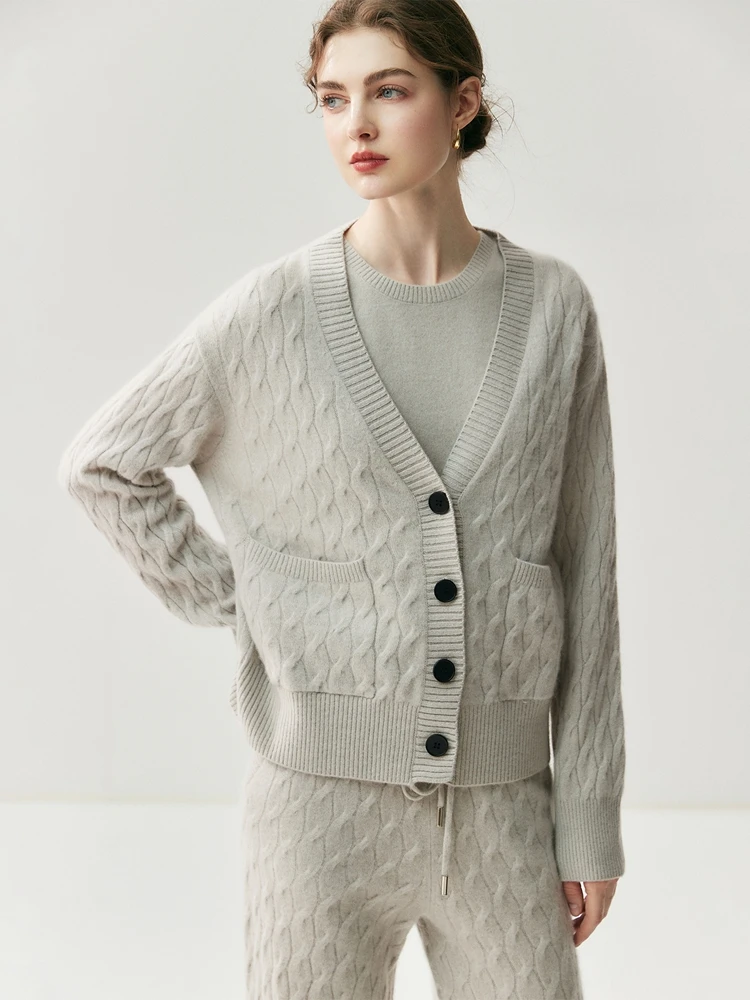 

TLOML New Autumn Winter Chic Women 100% Cashmere Knitwear Cable Knit V-Neck Buttons Pocket Cardigan Soft Warm Comfy Sweater Tops