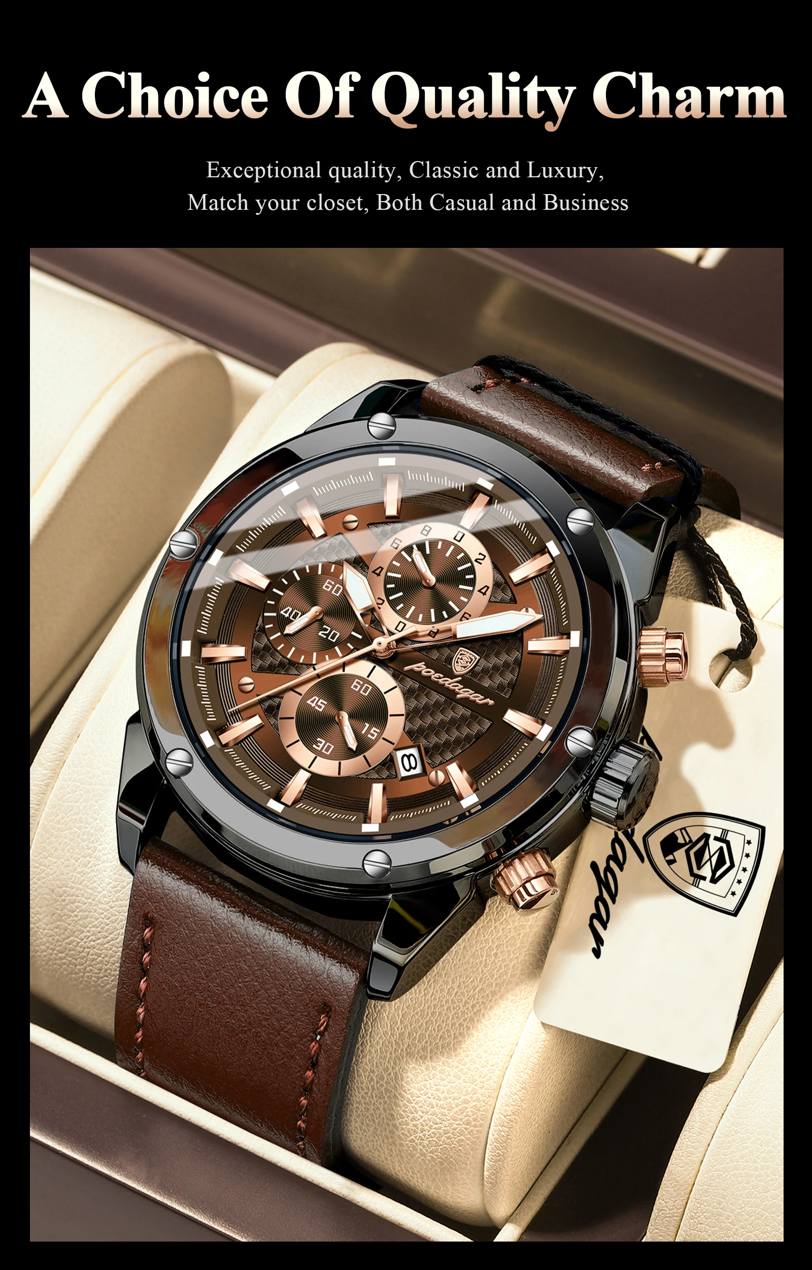 POEDAGAR High Quality Quartz Man Clock Waterproof Luminous Chronograph Date Men Wristwatch Leather Luxury Business Men's Watches
