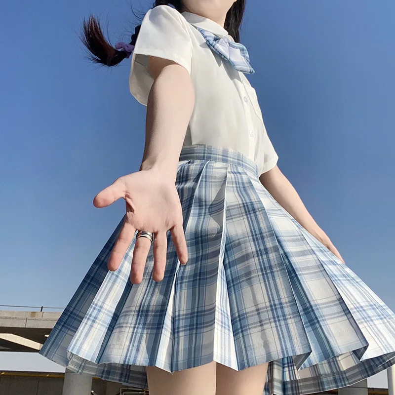 JK Uniform Skirt Spring and Autumn Short Sleeve Plaid Skirt Bow Tie Suit Full Set Japanese College Style Student