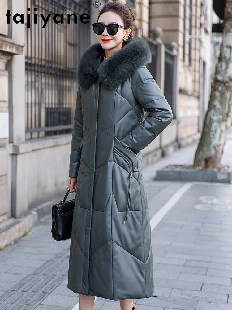 TAJIYANE 100 % Schaffell, weißer Gänsedaunenmantel, lange Pufferjacke aus echtem Leder, Damen mit Fuchspelzkragen, Winterkleidung 2025 Durant Mohamed