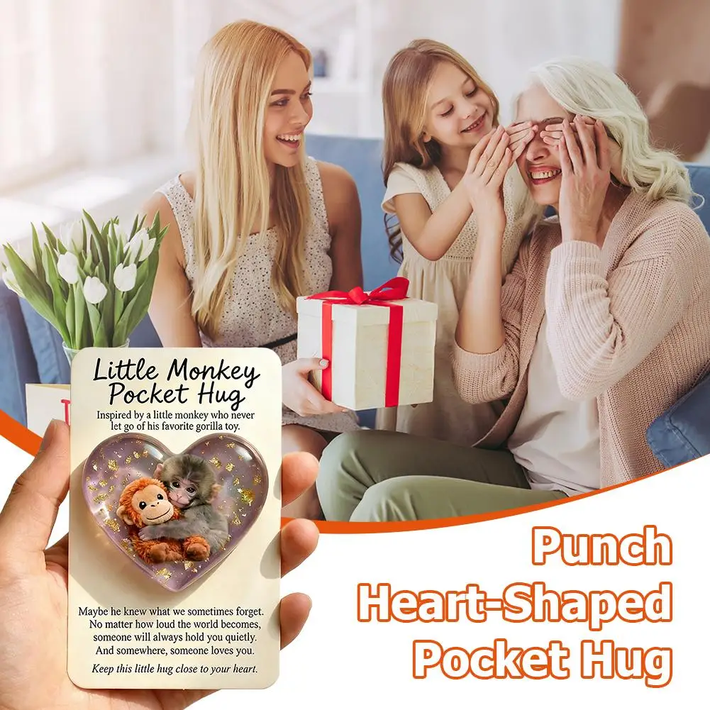 Punch Heart-Shaped Pocket Hug Little Monkey Acrylic Hug Token With Greeting Card Inspirational Gift for Friends Family Kids