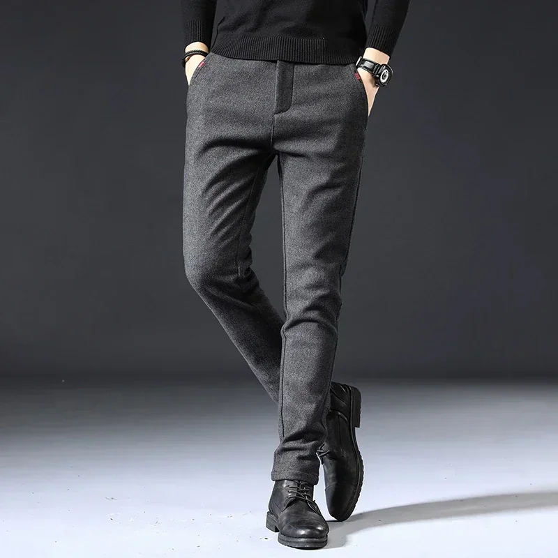 2023 New Autumn Winter Classic Work Stretch Pants Men Cotton Business Slim Fit Grey Black Korea Thick Casual Cargo Trousers Male