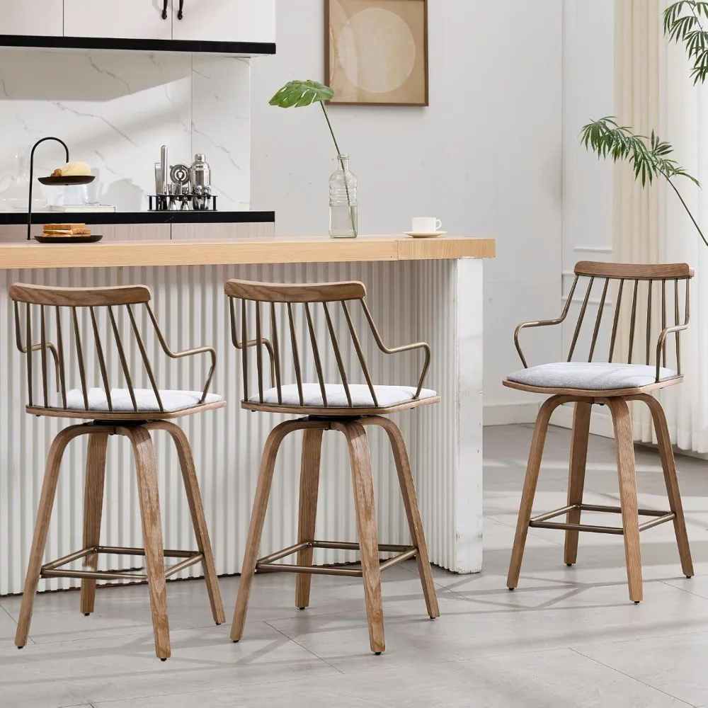 

26 Inch Counter Height Bar Stools Set of 3, Swivel Counter Stools with Curved Arm and Footrest, Upholstered Wood Barstool