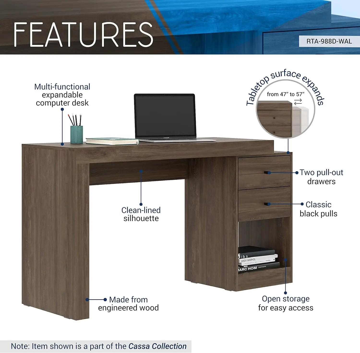 Expandable Desk with Storage Drawers & Open Shelf -Walnut Computer Desk with Printer Space - Modern Home Office Table