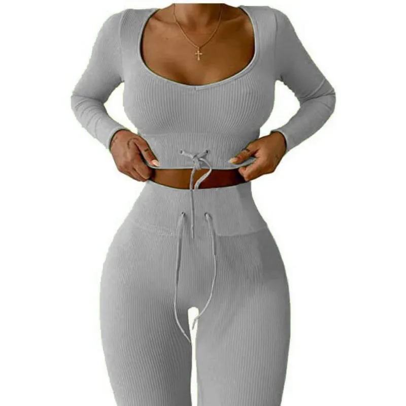 Conjunto de roupa de ioga tricotada de duas peças para mulheres, top de manga comprida, calça skinny, conjunto esportivo, outono e inverno, novo