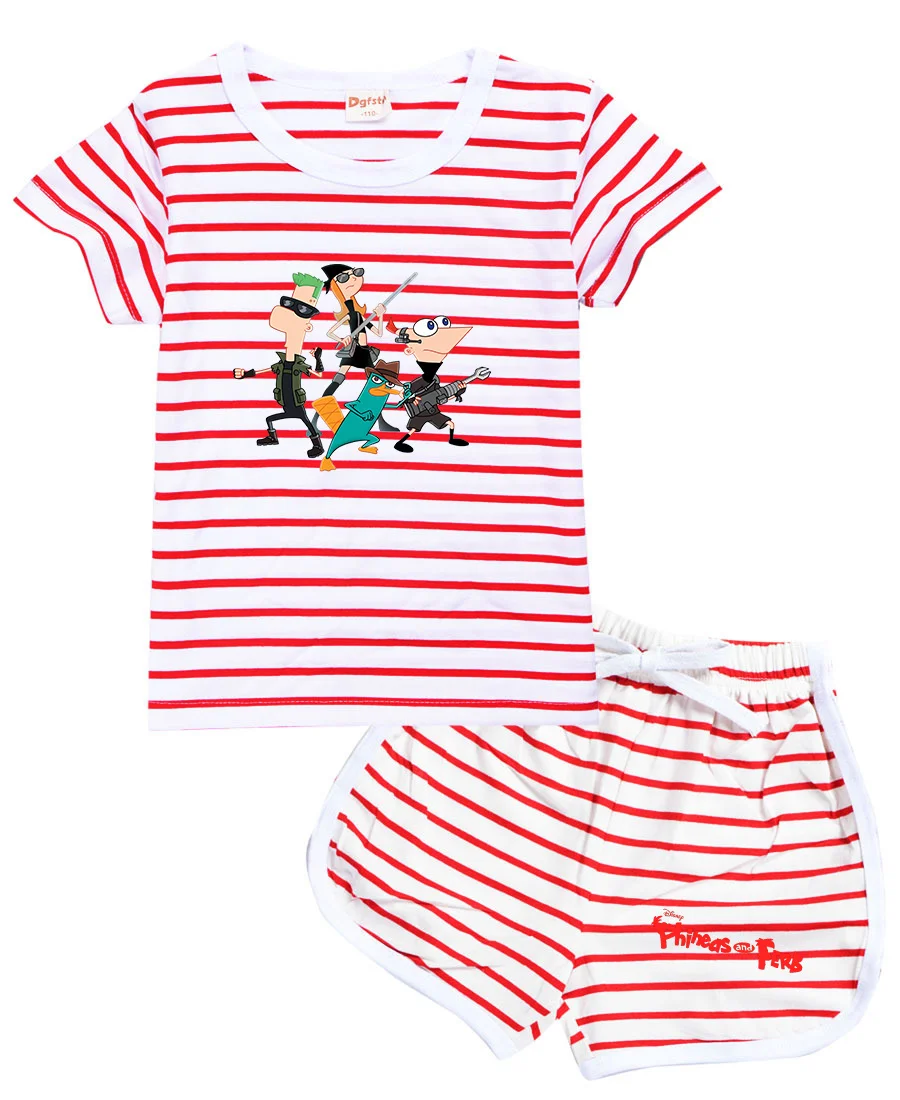 

Phineas And Ferb Kids Clothes Suit Cute Summer Children Boys Girls T-shirt+shorts Casual Stripe Clothing Sets