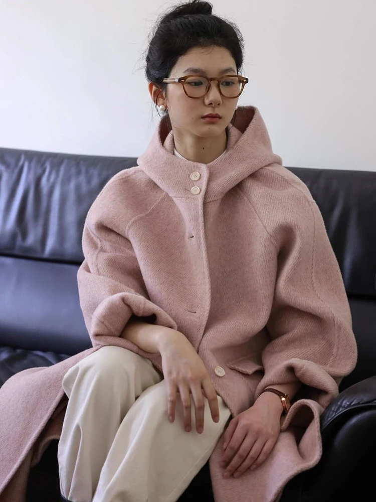 

Autumn Winter Pink Hooded Woolen Coat Medium Length Thick Warm Long Trench Coat with Pocket Winter Cashmere Windbreaker