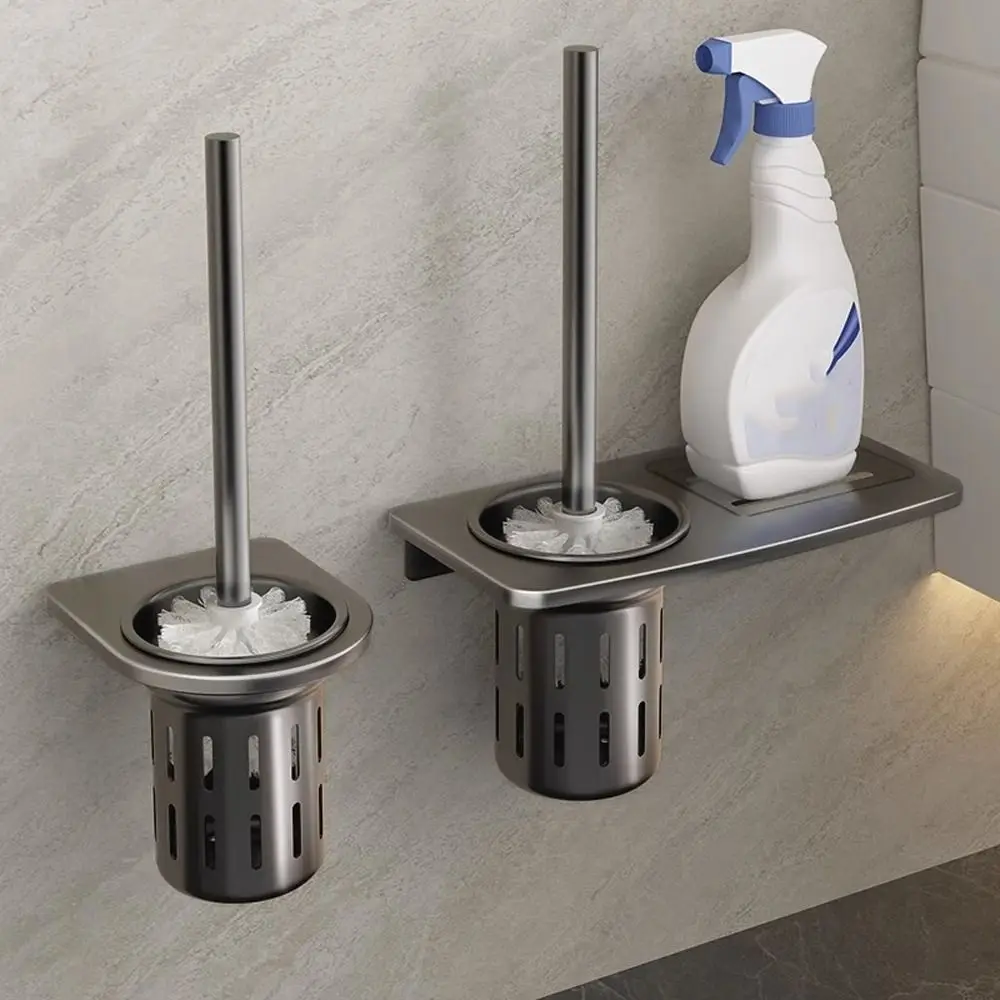 

Space Aluminum Toilet Brush Holder Set Anti-Drain Rustproof Wall Mounted Toilet Brush No Punching Toilet Brush Rack Bathroom Use