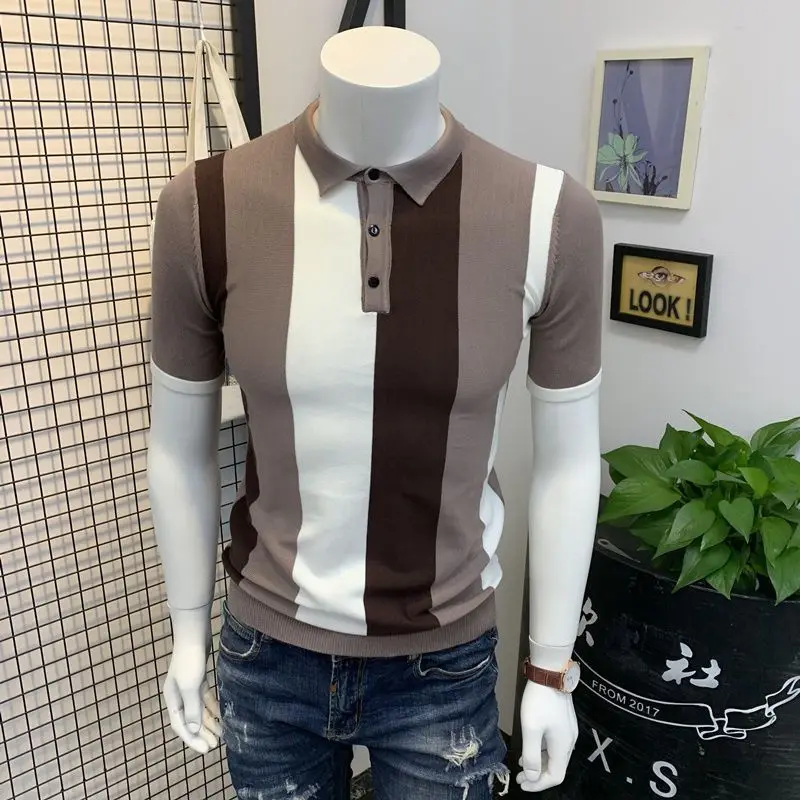 

MenS Ice Silk Polo Shirt Short Sleeve Collar Striped Knitted T-Shirt Stylish Top