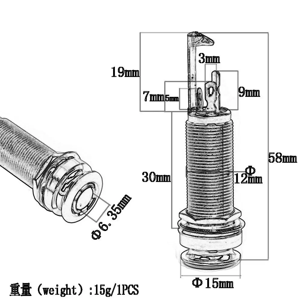 Acoustic Electric Guitar Accessory End Pin Output Jack 6.35mm Stereo Cylinder Socket Durable for Luthier Repair