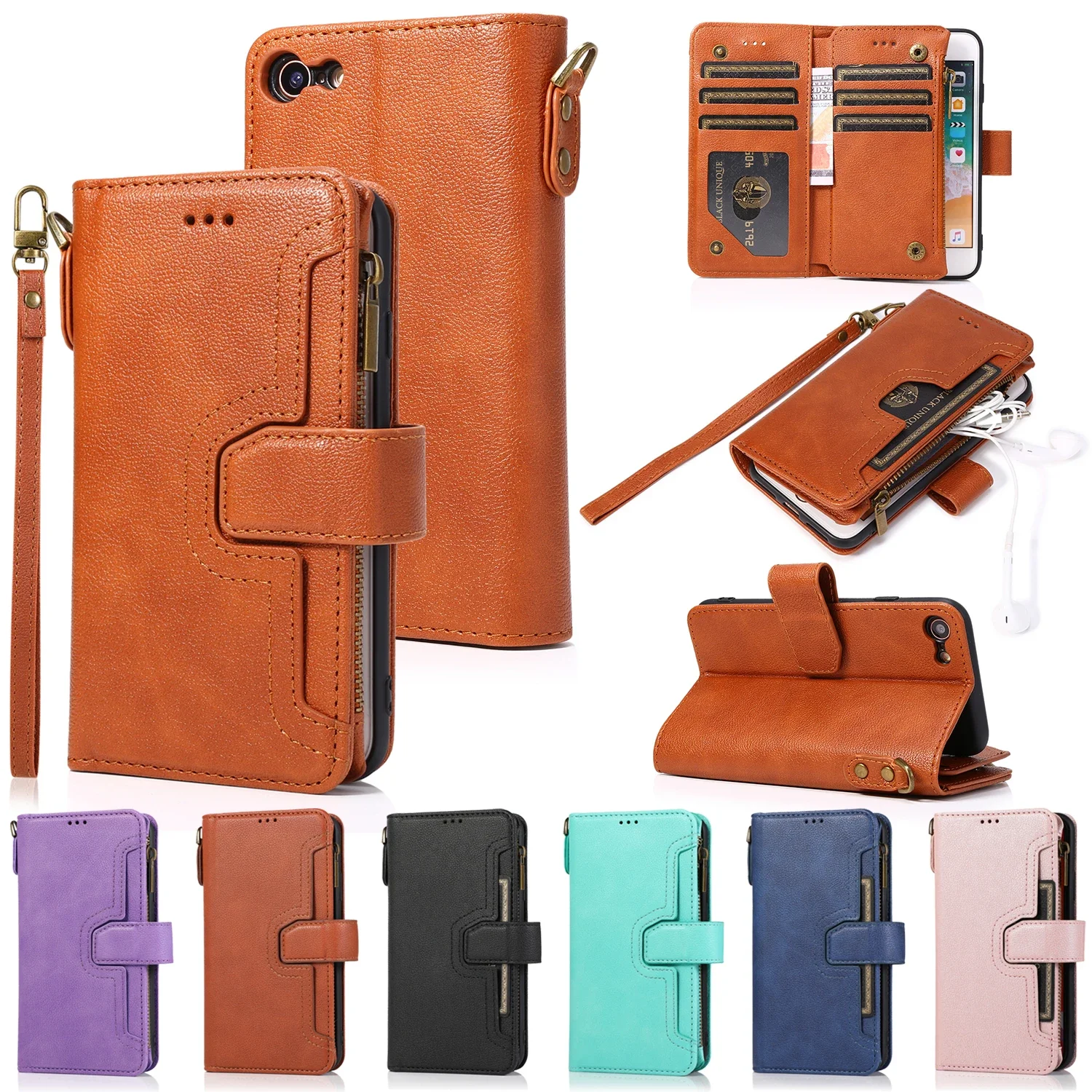 

36X*Zipper Leather Case Wallet Anti-fall Flip Phone Case for iPhone6/6s/7/8/SE2020/SE3/X/XS/XR/11/12/13 MINI Max Plus ProMax