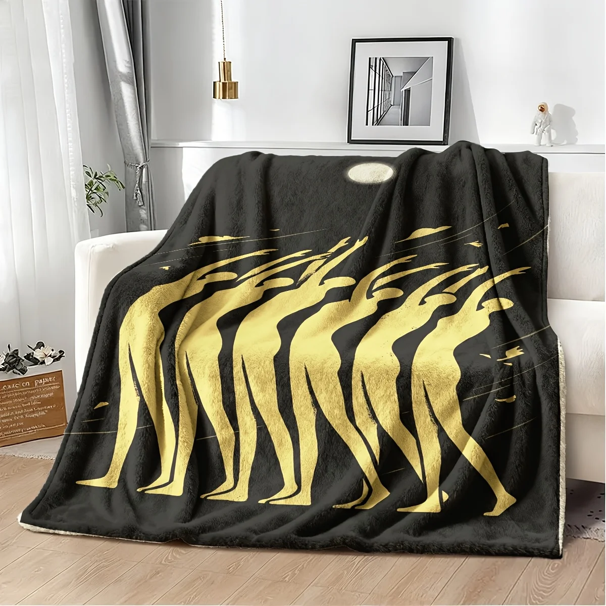 Large Decorative Art Throw Blanket Dancing Silhouettes Moon Gold Boho Picnic Fleece Cover 150x230cm Cozy Bedroom Decor