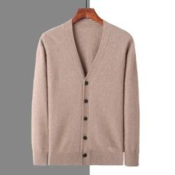 Cárdigan con cuello en V para hombre, suéter de cachemira de manga larga, informal e inteligente, prendas de punto de visón, ropa básica, Tops, otoño e invierno, 100%