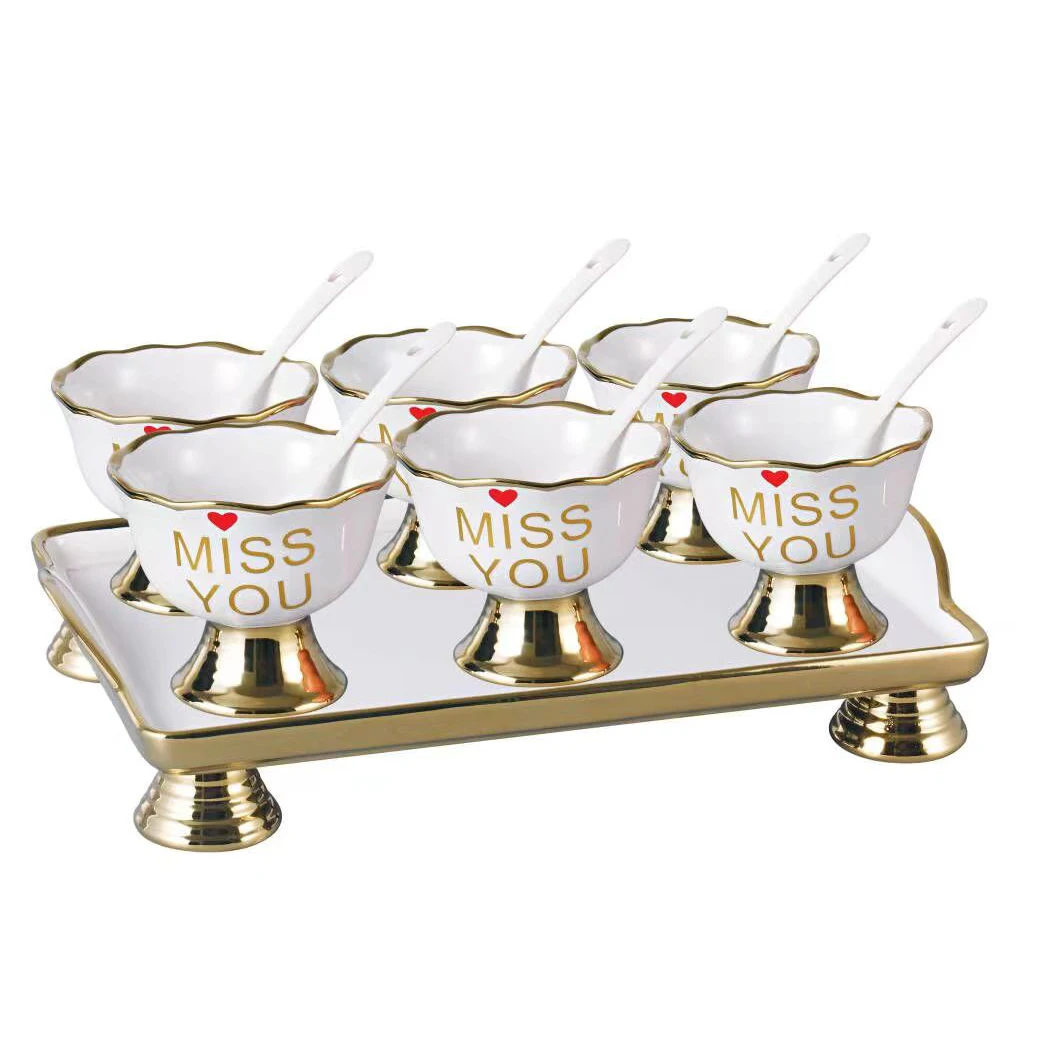 Wholesale Fashion Free Samples Miss Your Heart Ceramic Desert Ice Cream Cup Set with Spoon Tray