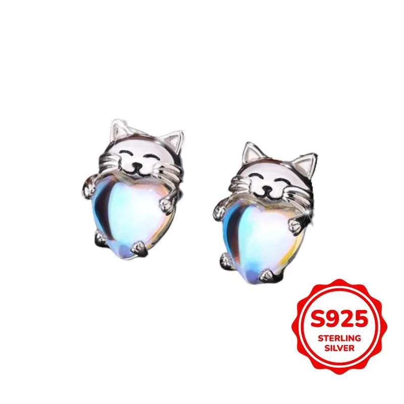 

Cartoon Cute Authentic S925 Silver Moonstone Cat Stud Earrings for Women Commuting Versatile Earrings