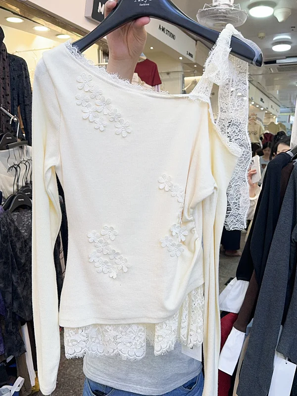 

Женская базовая рубашка из двух частей с трехмерным цветком и косым воротником, кружевной лоскутный топ с длинными рукавами, новинка осени 2023 г.