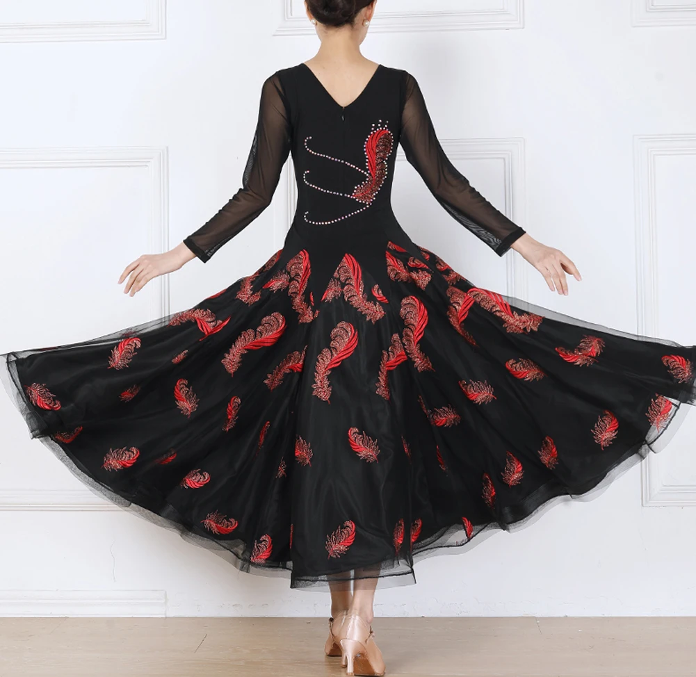 Standard Dance Women Competition Costume V-neck Rhinestone Gauze Flamenco Skirt Ballroom Dance Long Sleeve Practice Clothes
