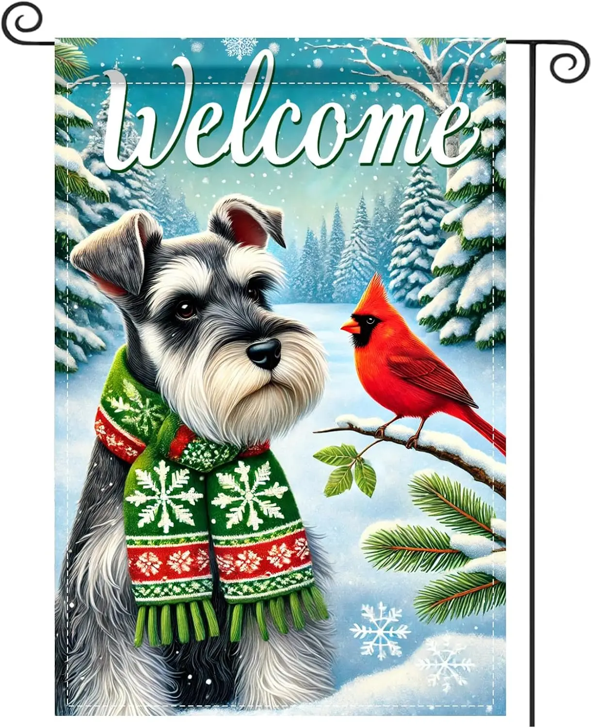 Nuxovilar Winter Garden Flag 12x18 Inch - Schnauzer with Cardinal in Winter Scene Decorative Flag - Double - Sided Polyester EEZ
