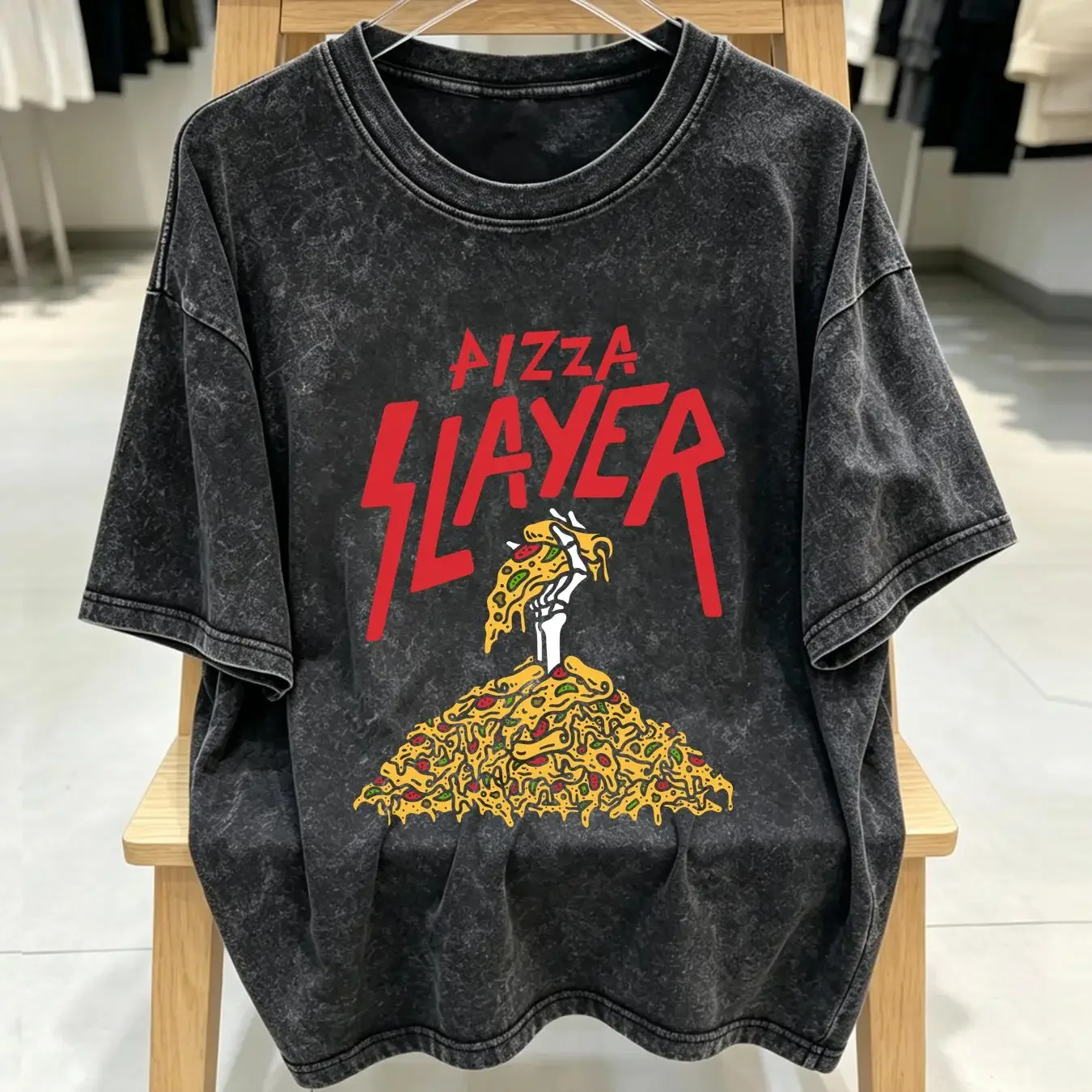 washed T Shirt NEW Pizza Funny Italian Food Lovers Skeleton Hand S 3XL long or short sleeves vintage Washed Unisex Comfortable
