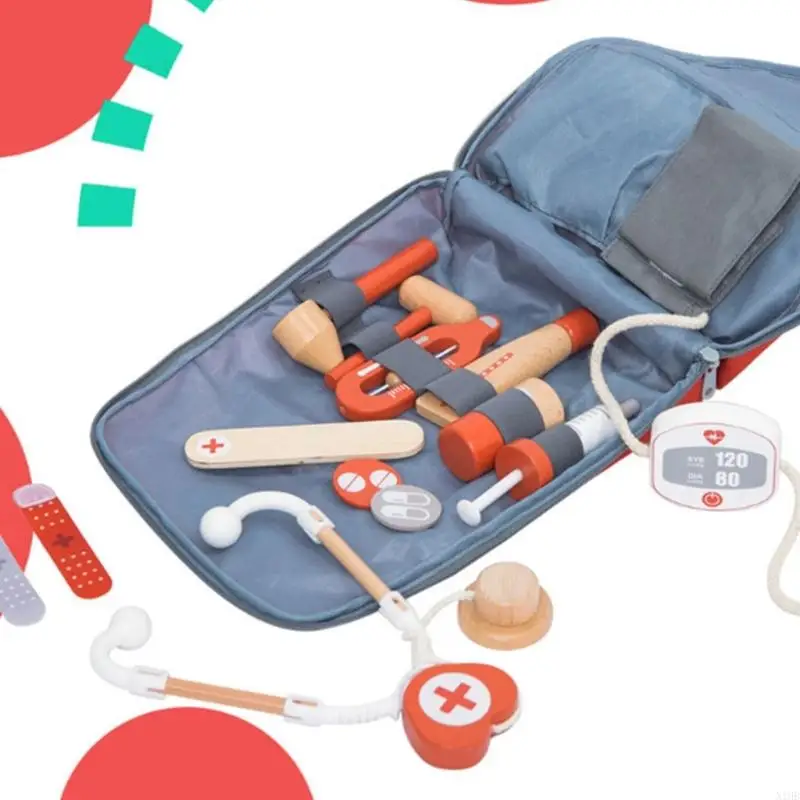 Bác sĩ giáo dục giả vờ bộ đồ chơi bằng gỗ cho trẻ đóng vai