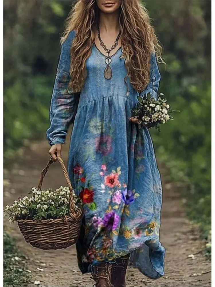 Boho Vintage Stampa Abiti Lunghi Per Le Donne 2025 Casual Scollo A V Manica Lunga Giunzione A Vita Alta Abito Allentato Autunno Moda Abiti