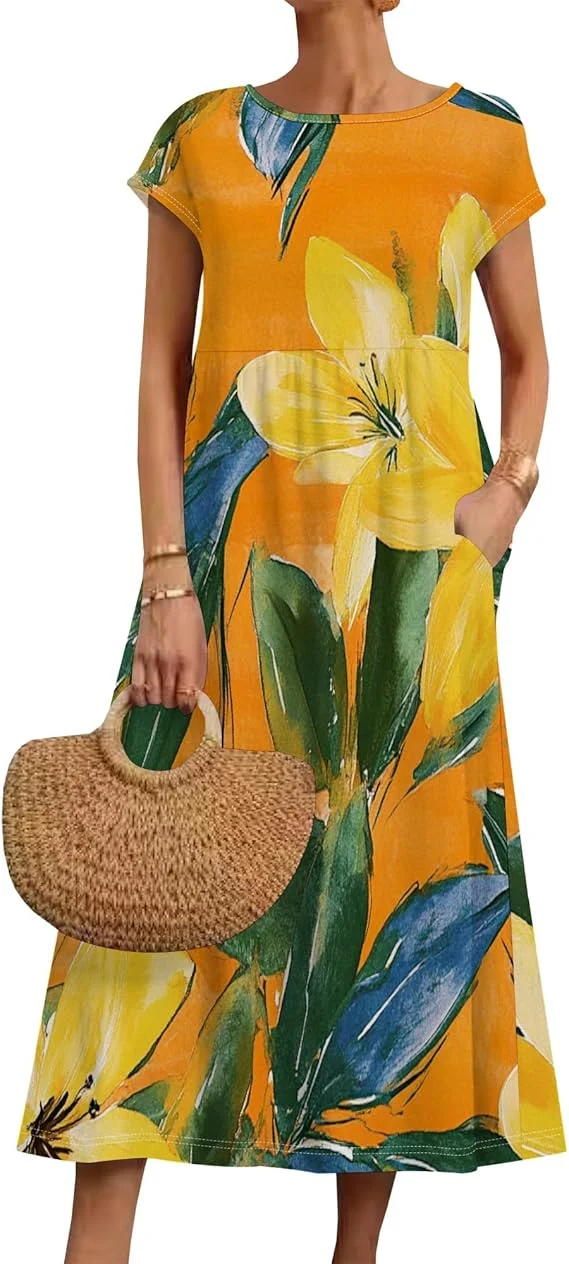 

Women's Summer Dresses 2025 Casual Floral Boho Sundress Short Sleeve Flowing Beach Resort Sundress S-3XL