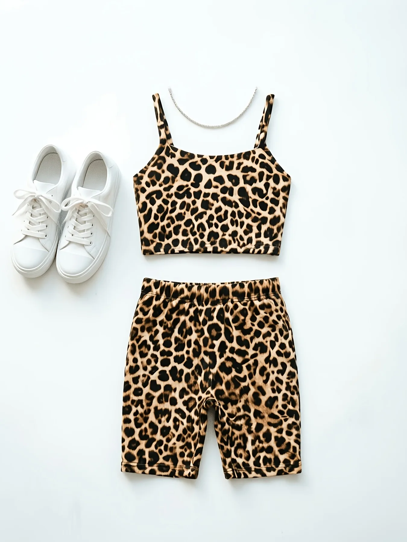 Comfy Kids Girls Two Piece Daily Sport Outfit, Leopard Print Adjustable Strap Cropped Tank Top & High Elastic Waist Bike Shorts