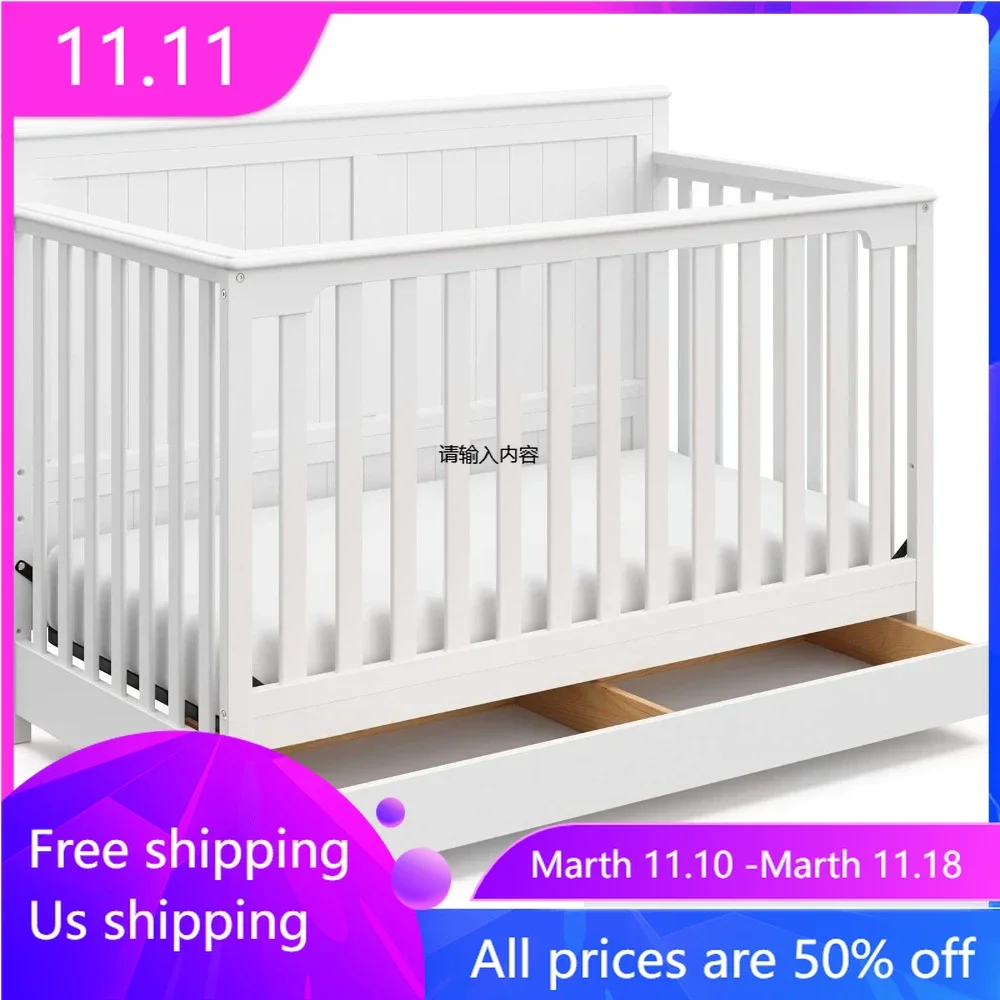 

5-in-1 Convertible Crib with Drawer，Crib with Drawer Combo, Full-Size Nursery Storage Drawer, Converts to Toddler Bed, Daybed