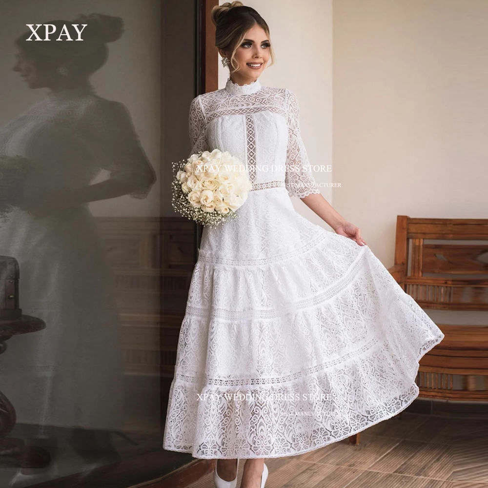 

XPAY A-Line Wedding Dresses Half Sleeves Zigzag-Neck Ankle-Length Modest Lace Princess Bride Gowns Prom Evening Party Dress