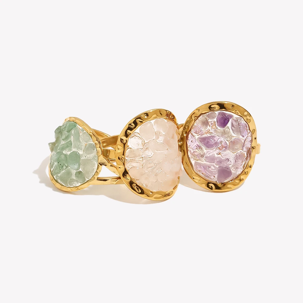 E.B.belle High Quality Stainless Steel Green Color Round Broken Stone Cuff Rings Gold Plated Women Finger Jewelry