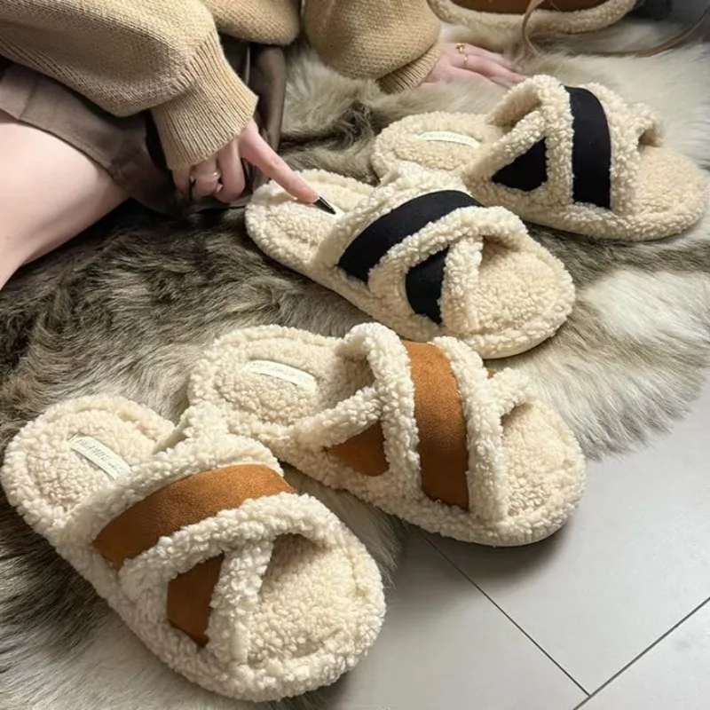 

Winter Women House Slippers Faux Fur Fashion Warm Shoes Woman Slip on Flats Female Slides Black Pink Cozy Home Furry Slippers