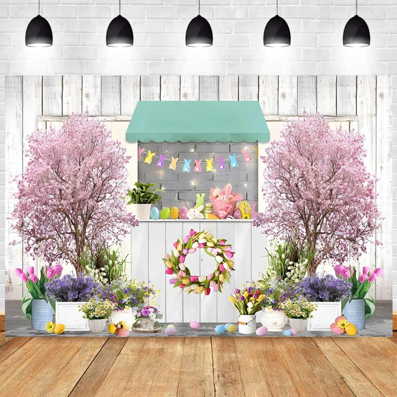 

Easter Decoration Wood Board Photo Backdrop Vinyl Fabric Spring Rabbit Bunny Shop Background for Photography 2024 Custom Banner